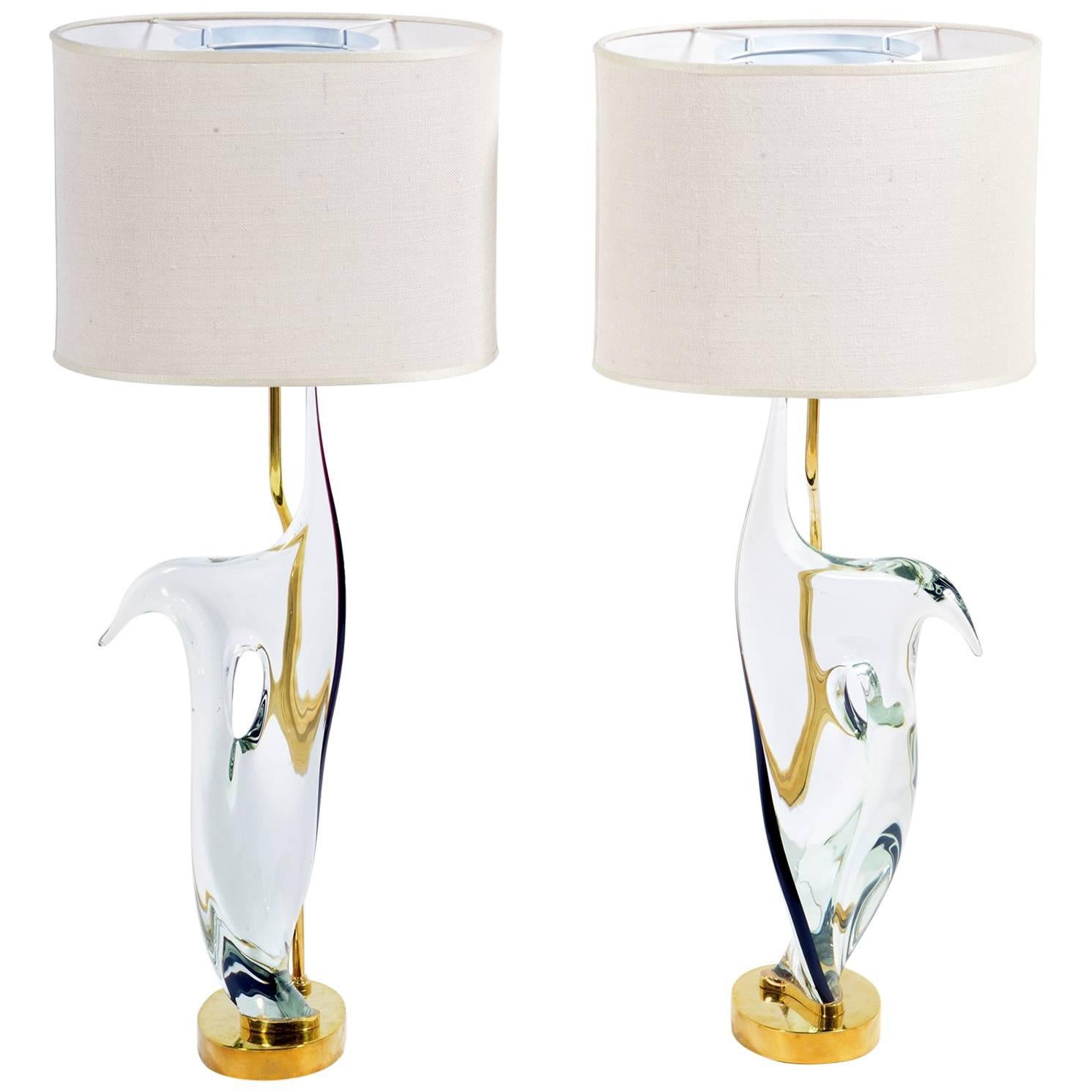 Midcentury Table Lamps Transparent Murano Glass and Brass by Cenedese
