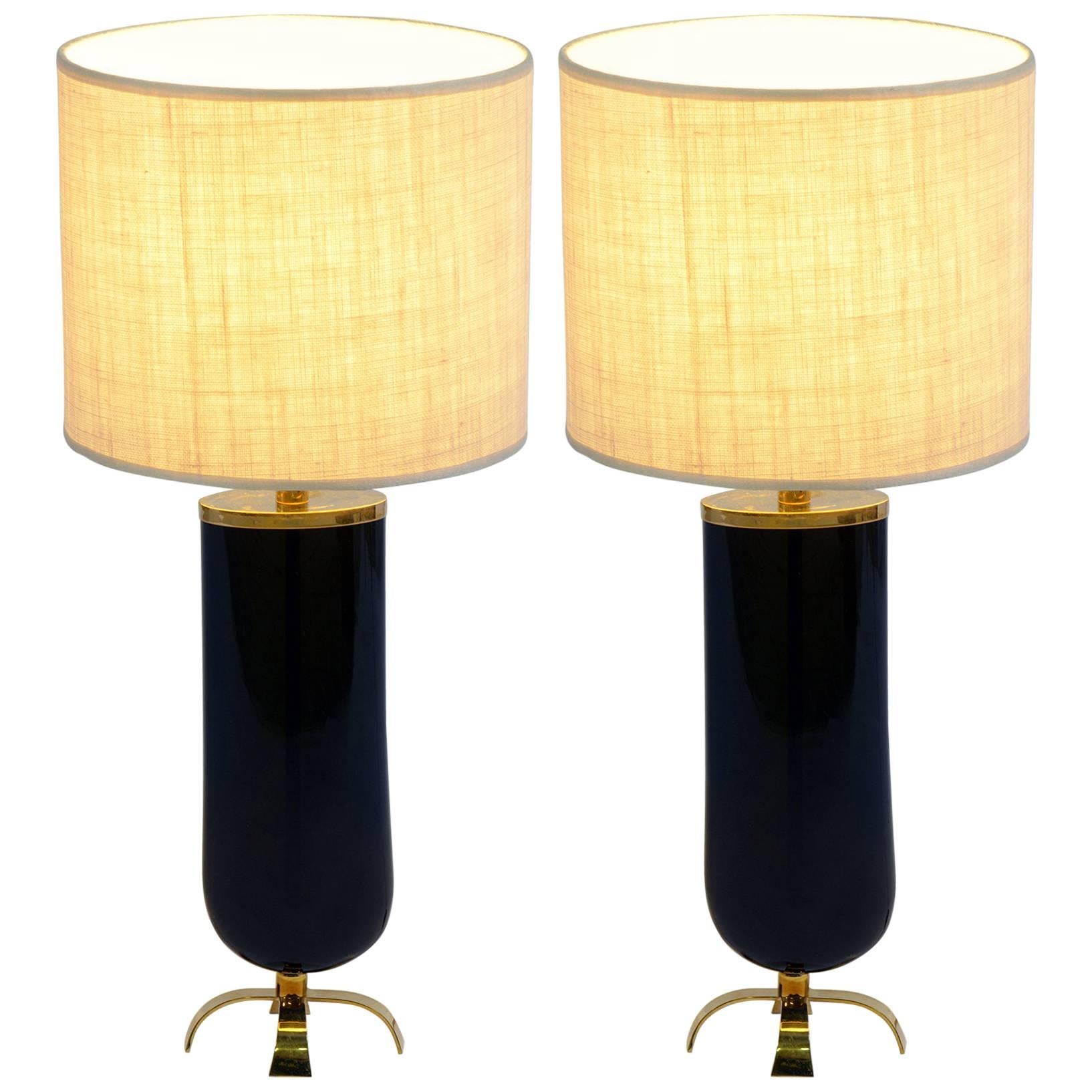Pair of Midcentury Oval Murano Glass Table Lamps by Cenedese, Signed