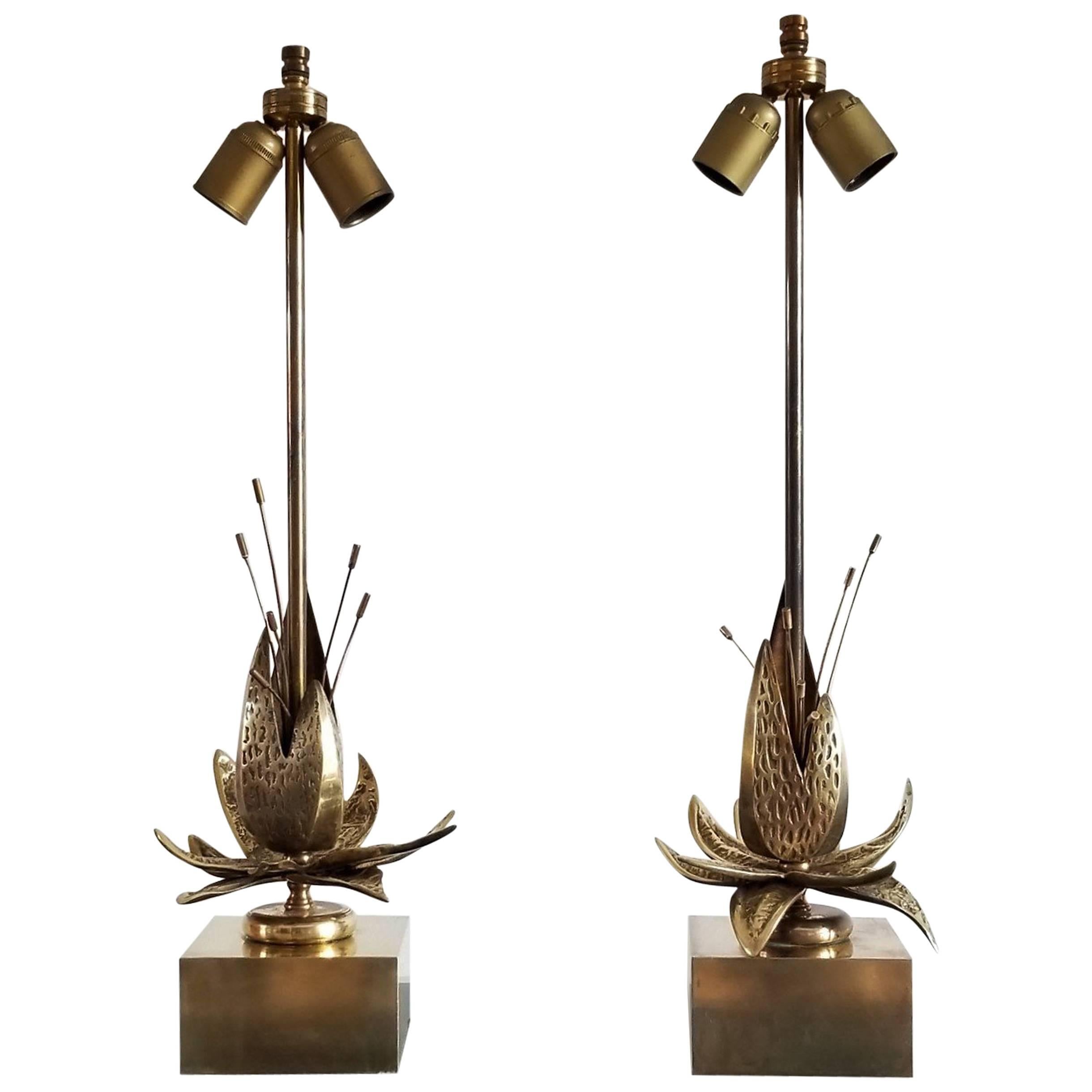 Faux Pair of Charles Style Solid Brass Flowers Table Lamps, France, 1970s