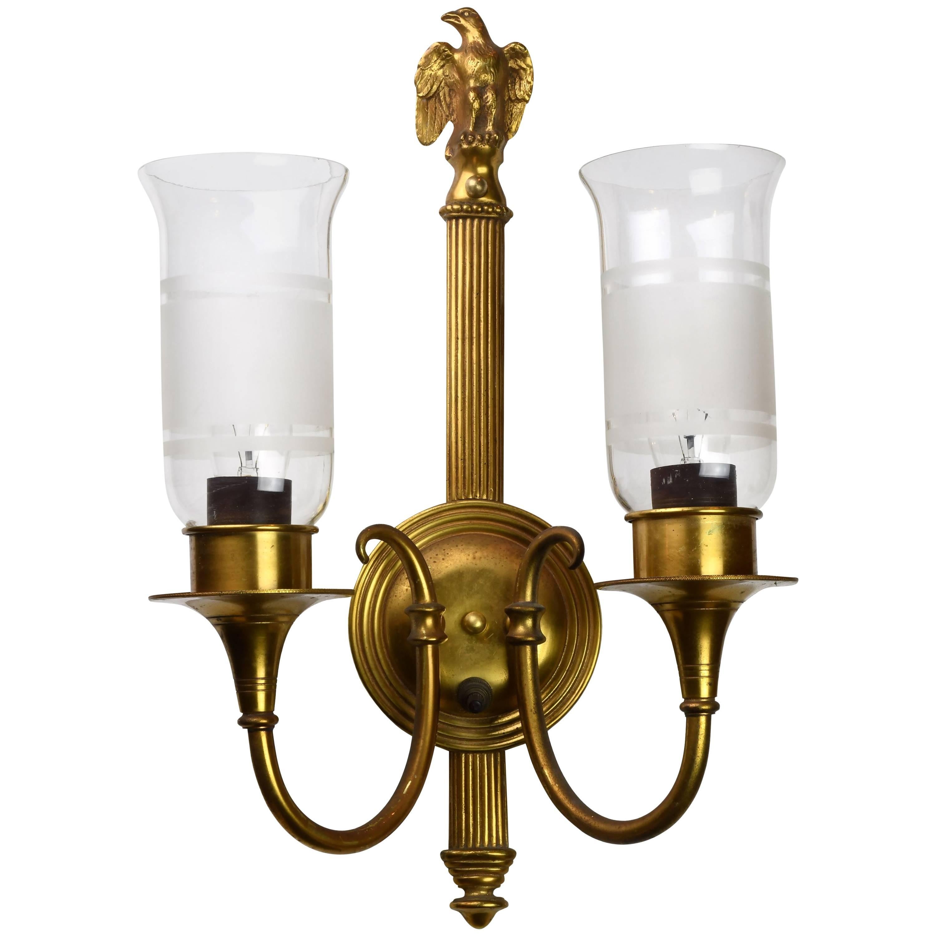 Two-Arm Brass Eagle Sconce with Shades