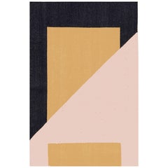 Turmeric and Blush Modernist Carpet, Flat-Weave Dhurrie Rug in Handwoven Cotton