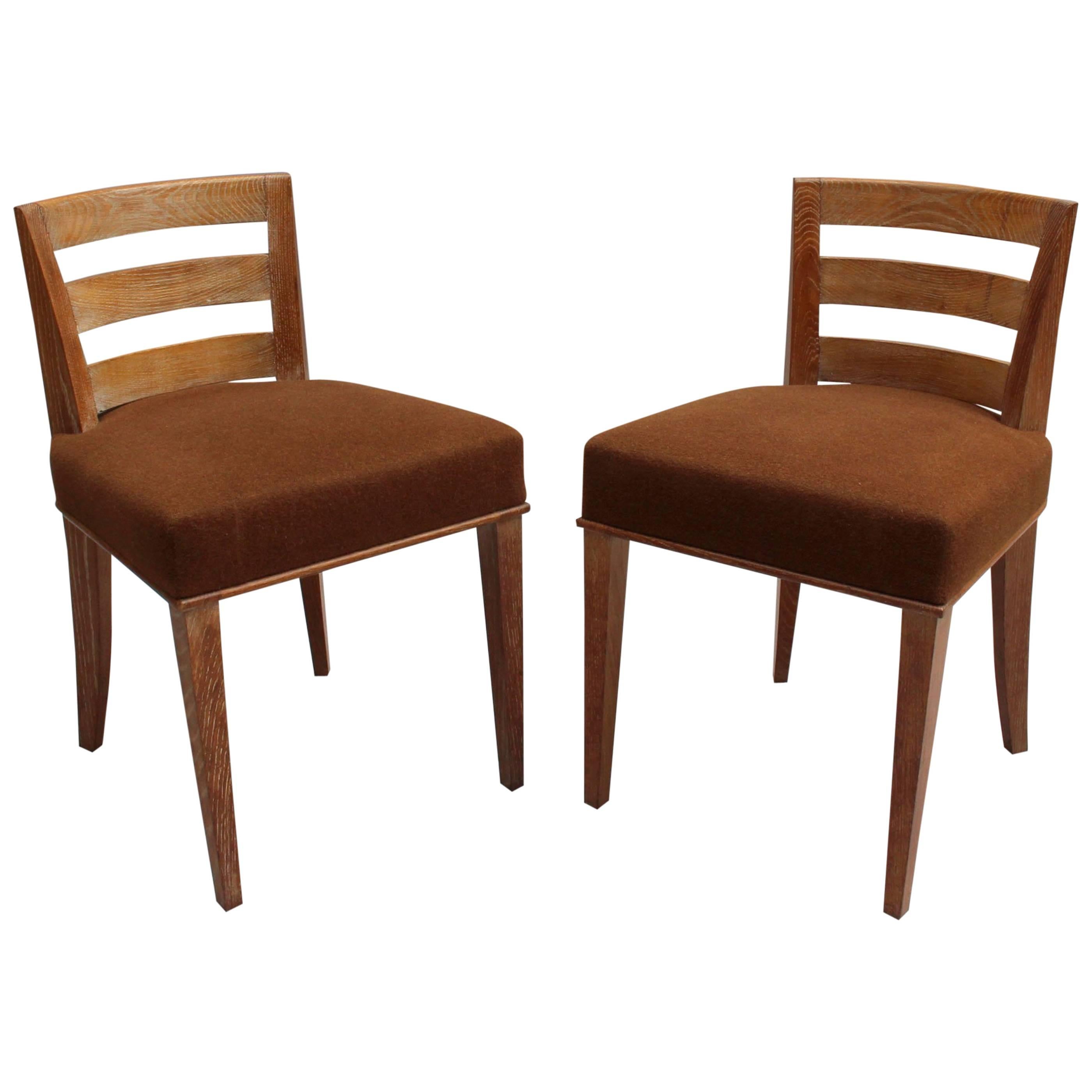 Pair of Fine French Art Deco Lime Oak Side Chairs by Dominique