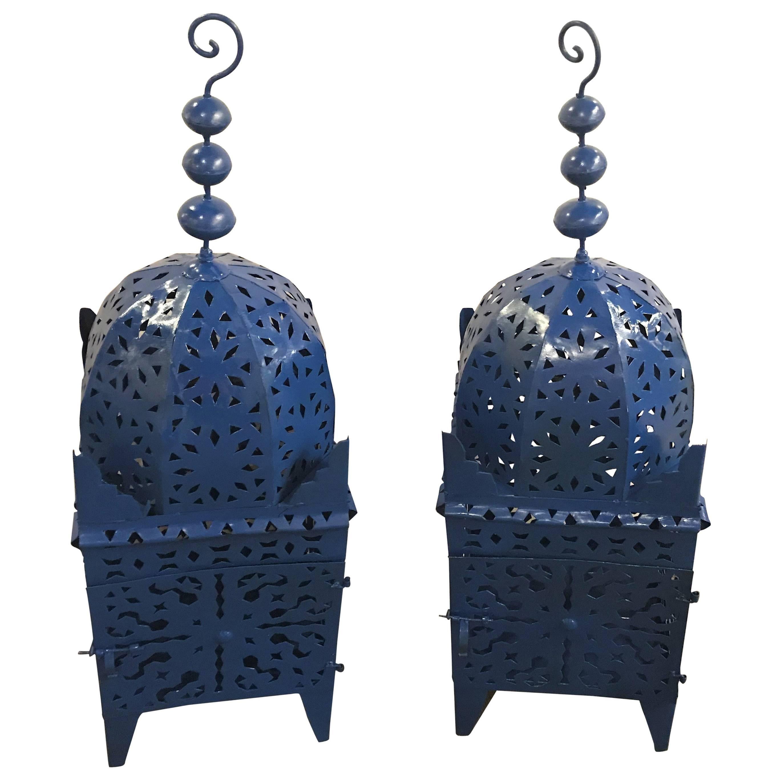 Pair of Moroccan Blue Floor Candle Lanterns
