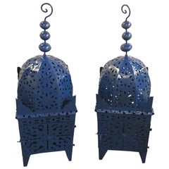 Pair of Moroccan Blue Floor Candle Lanterns