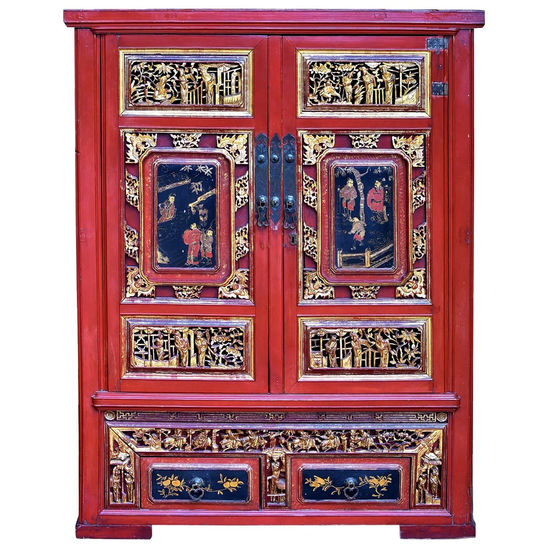 Antique Red Gilded Carved Scholar's Cabinet For Sale