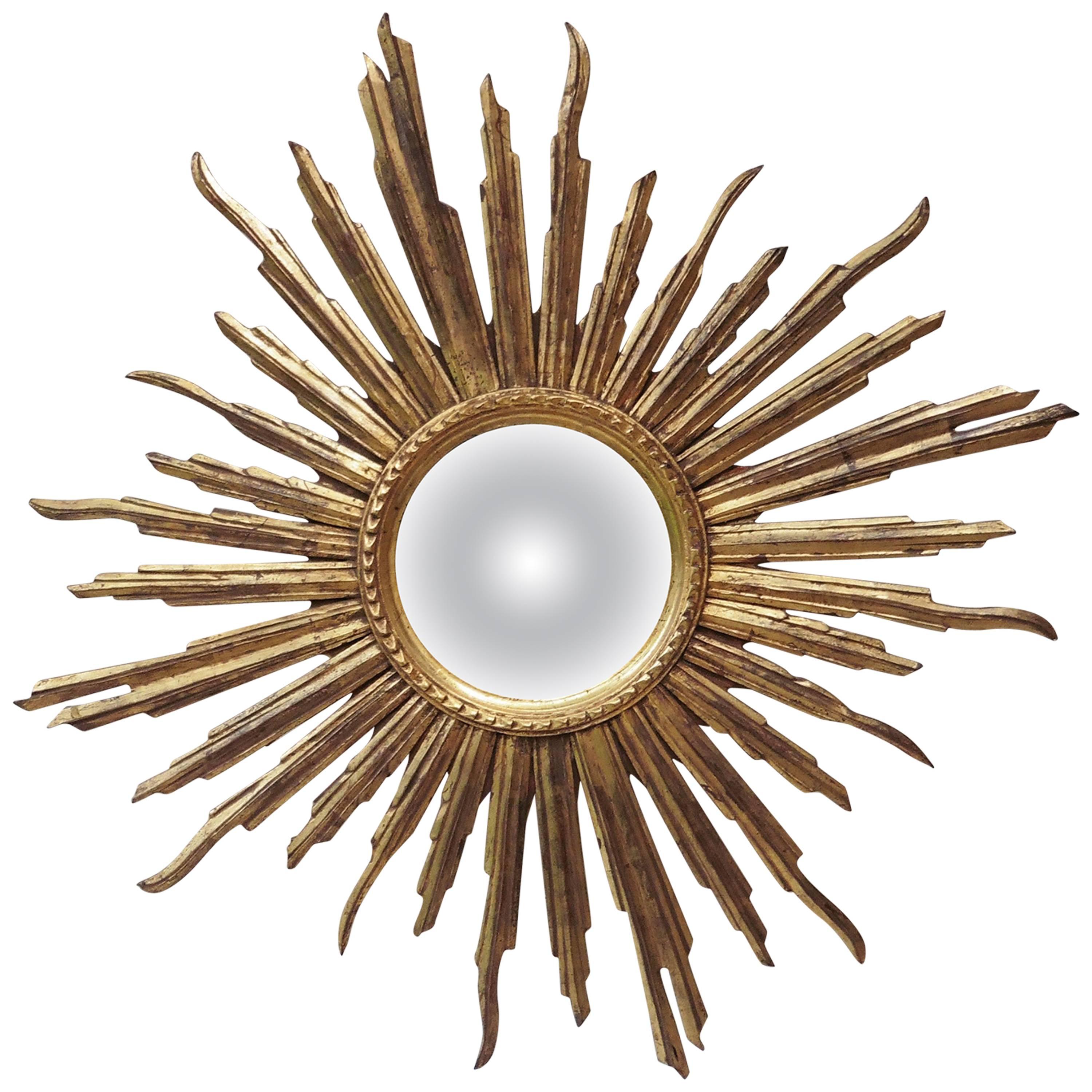 French Convex Sunburst Gilded Wood Mirror