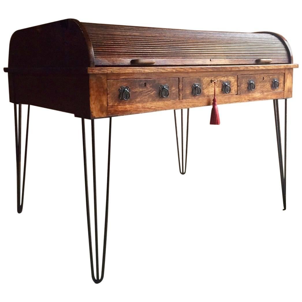 Antique Roll Top Writing Table Desk Oak Tambour Hairpin Legs Edwardian