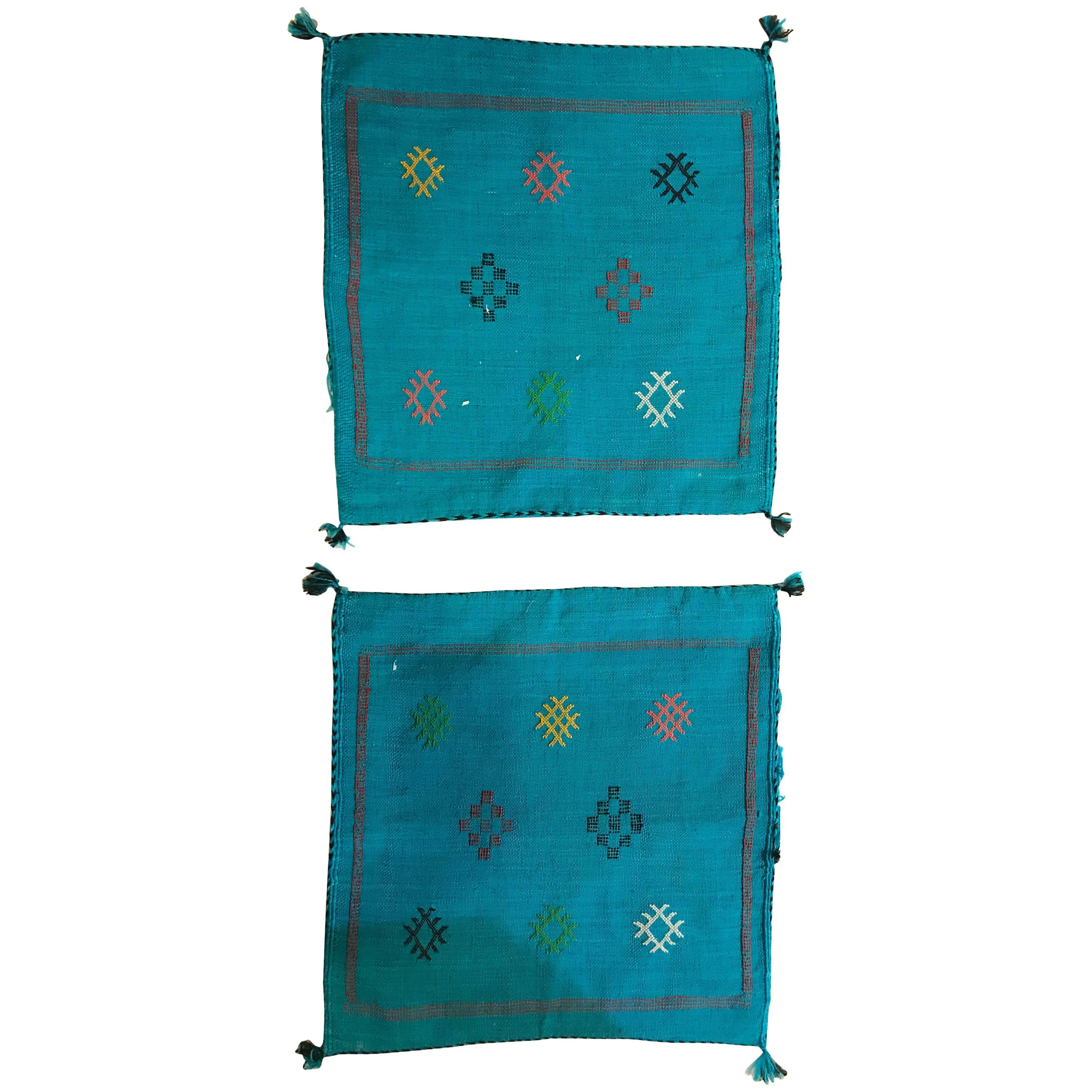 Pair of Moroccan Hand-Loomed Blue Wool Pillowcase