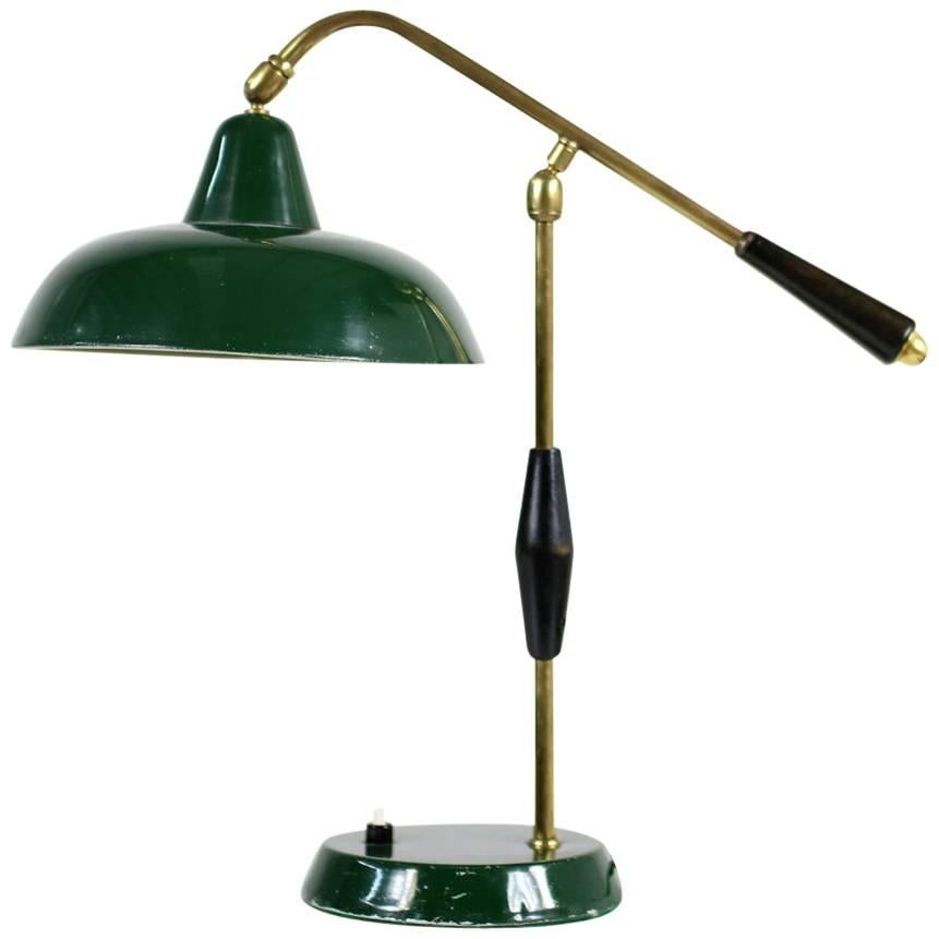 1950s Italian Table Lamp Arredoluce Dark Green & Brass with Adjustable Lampshade