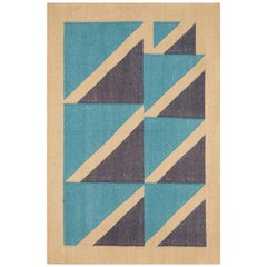 Sky Blue Geometric Modernist Carpet, Flat-Weave Dhurrie Rug in Handwoven Cotton