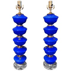 Pair of Cobalt Blue Murano Glass Lamps by Balboa