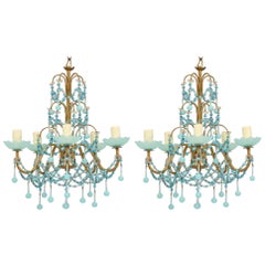 Italian Blue Opaline Beaded Chandeliers, Pair