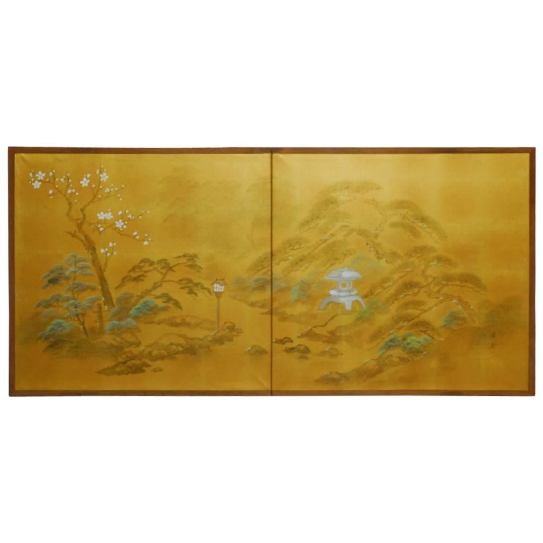 Japanese Two-Sided Folding Byobu Silk Painted Screen