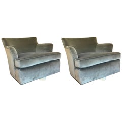 Pair of Modern Grey Velvet Swivel Lounge Chairs with Bleached Wood Base 6