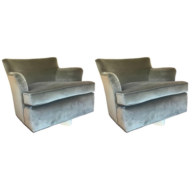 Pair of Modern Grey Velvet Swivel Lounge Chairs with Bleached Wood Base
