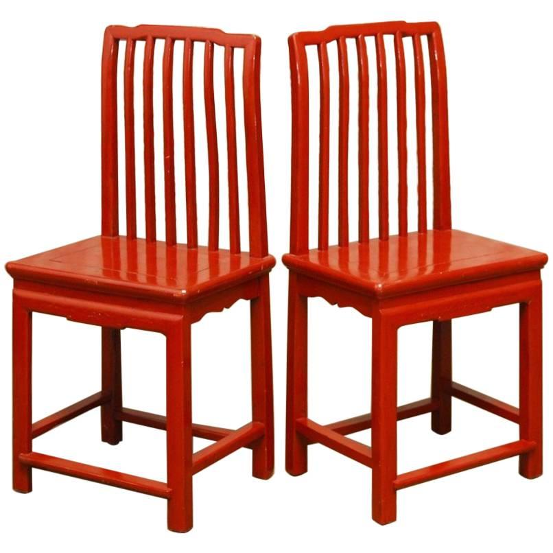 Pair of Ming Style Chinese Red Lacquer Chairs