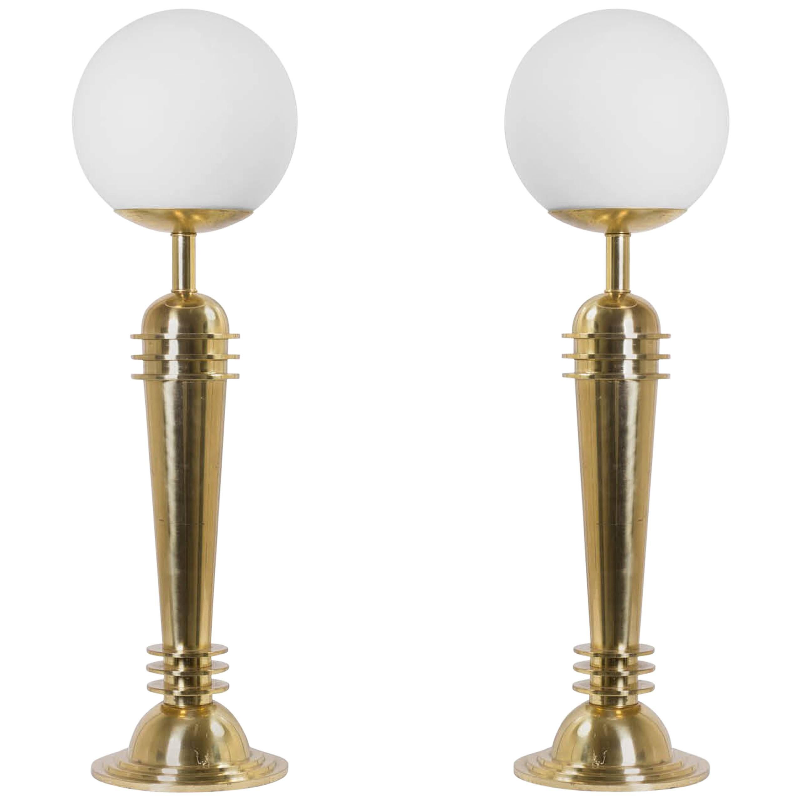 Art Deco Brass Lamps with Frosted Glass Globes, Pair