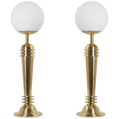 Vintage Art Deco Brass Lamps with Frosted Glass Globes, Pair