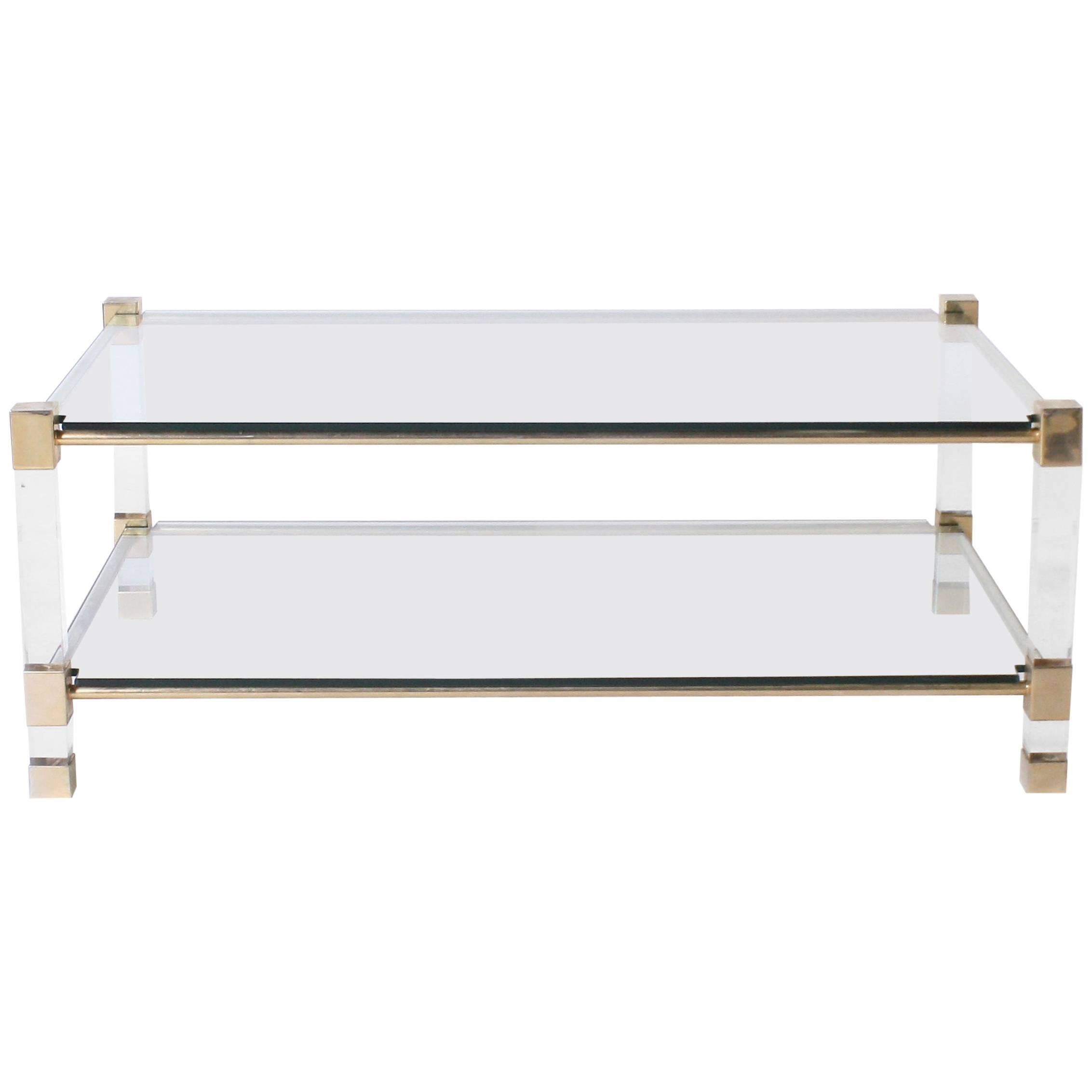 Brass Coffee Table with Square Lucite Legs and Clear Glass Tops, circa 1940