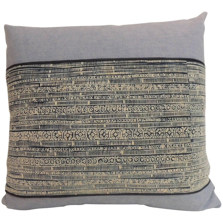 Vintage Ikat Blue and Natural Decorative Pillow For Sale at 1stdibs