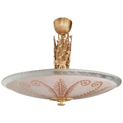 Swedish Hanging Fixture with Rose Etched Glass and Sailing Ships by Orrefors