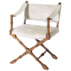 Faux Bamboo Directors Chair Upholstered in Crème Cowhide, circa 1970