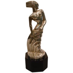 Art Deco Silvered Bronze Sculpture Standing Woman by S. Rueff, France, 1925