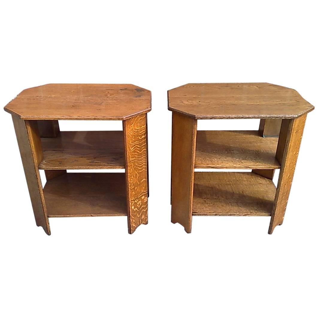 Heals. Pair of Arts & Crafts Oak End Tables with Three Tiers and Canted Corners