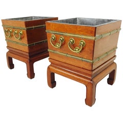 Retro Pair of Ming Wooden Planters with Brass Hardware