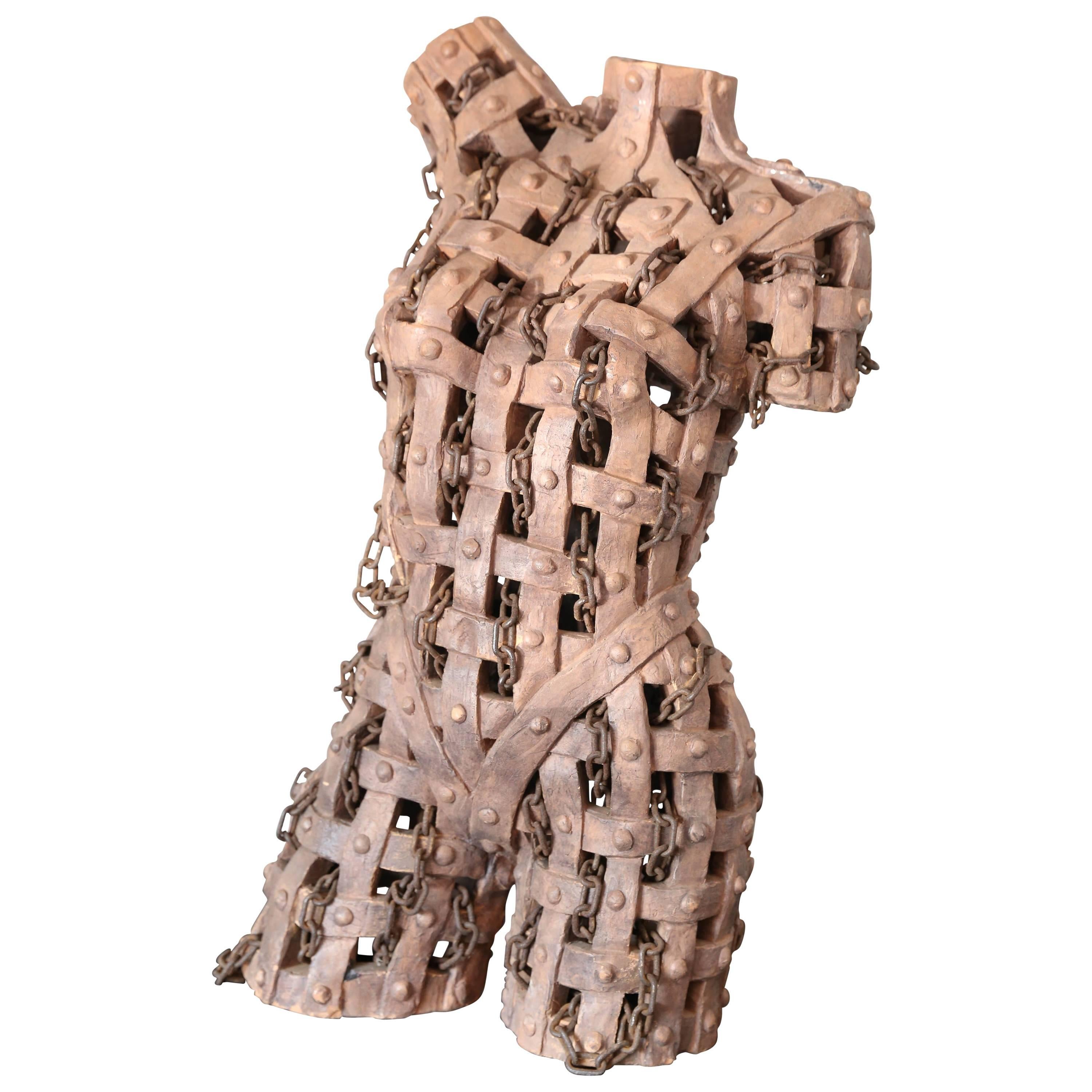 Tuscan Terracotta and Chain Female Sculpture by Italian Artist G. Ginestroni