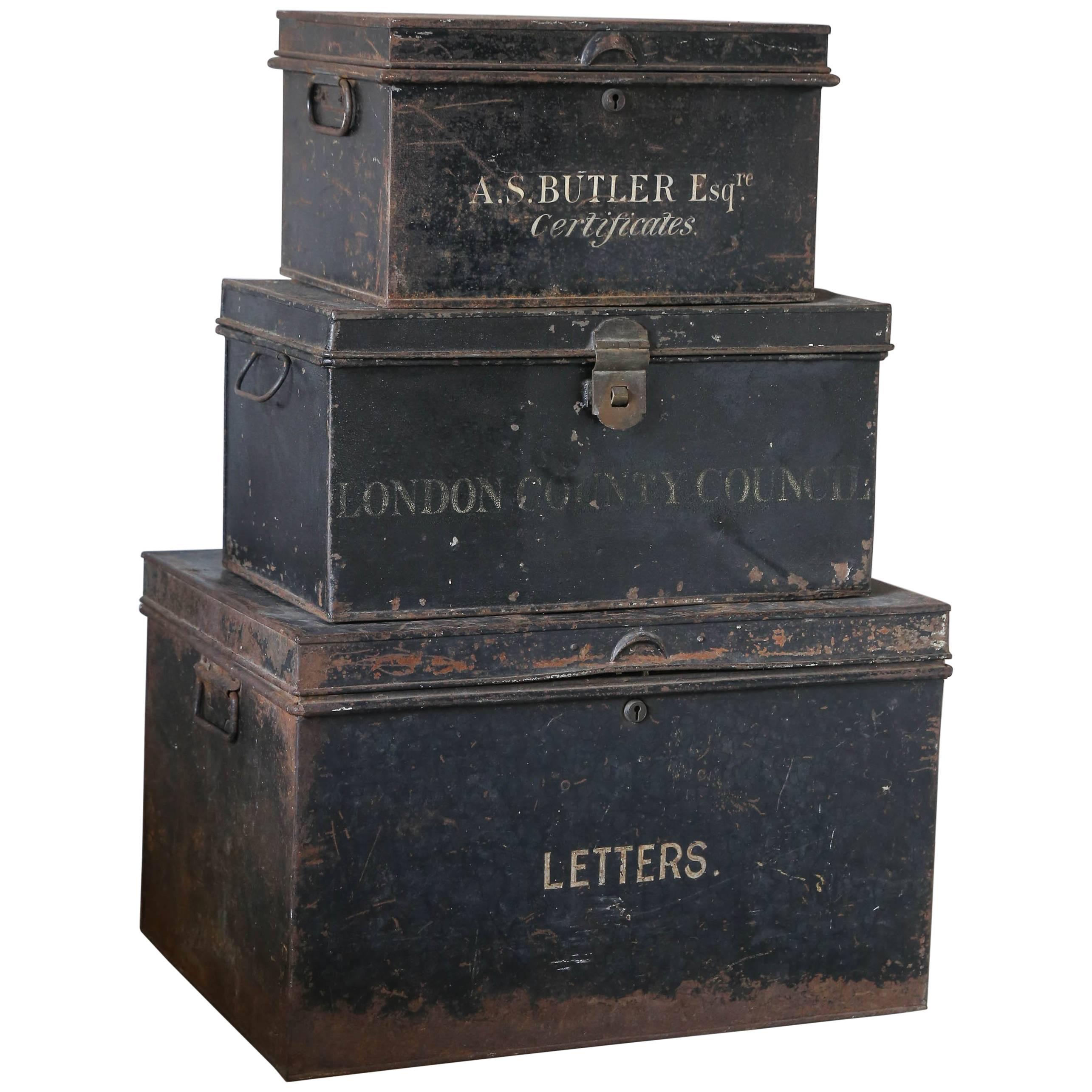 Set of Three Antique Stacked Metal Document Boxes Found in France