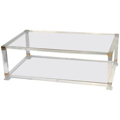 Midcentury French Lucite and Brass Cocktail Table with Glass Shelves