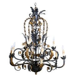 Vintage 1920s Italian Metal Black and Gold Chandelier