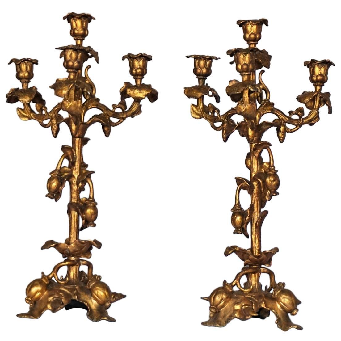 Mid-19th Century Pair of French Gilt Bronze Four-Light Candelabras Rococo Style