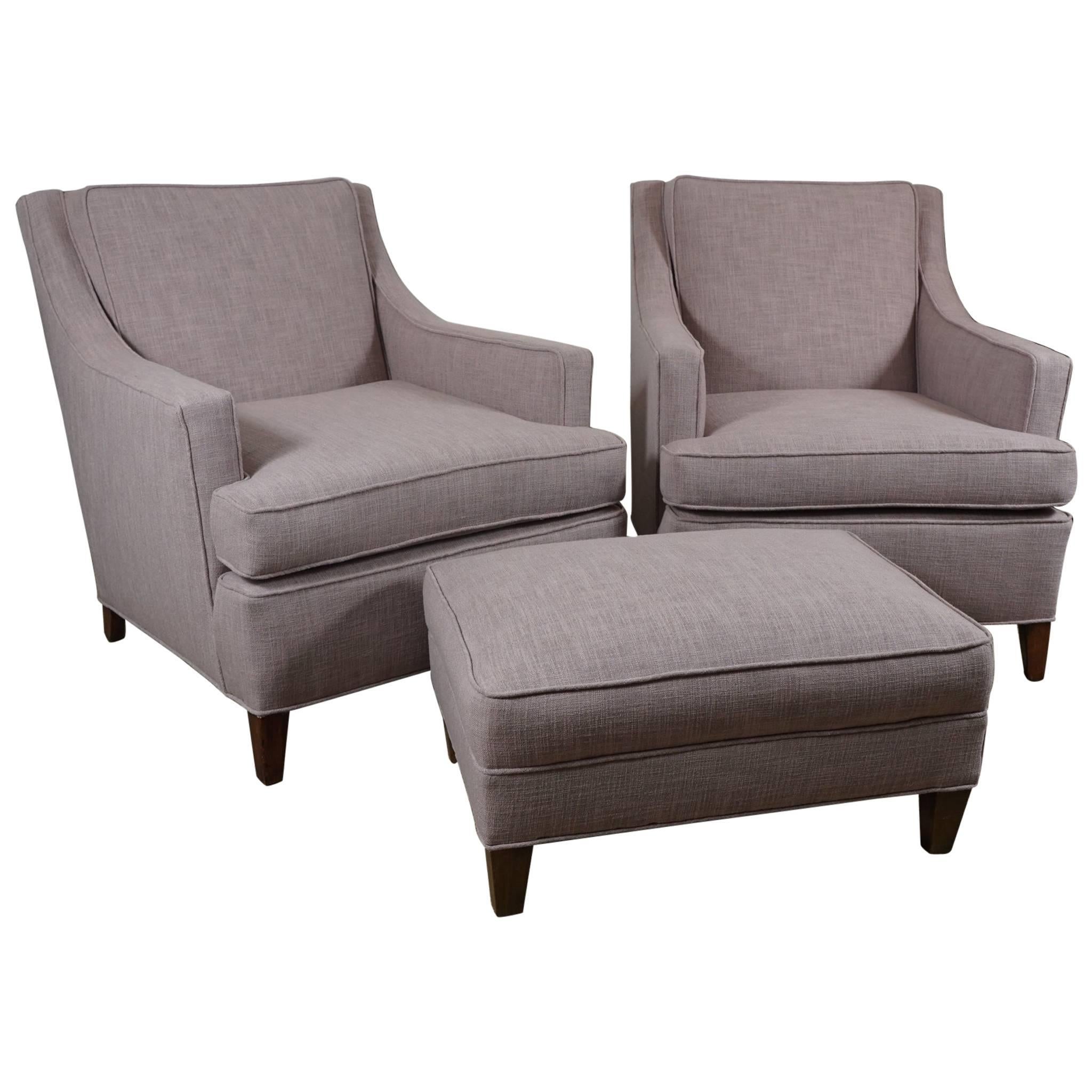 Pair of Larson Armchairs and Ottoman in Lilac For Sale