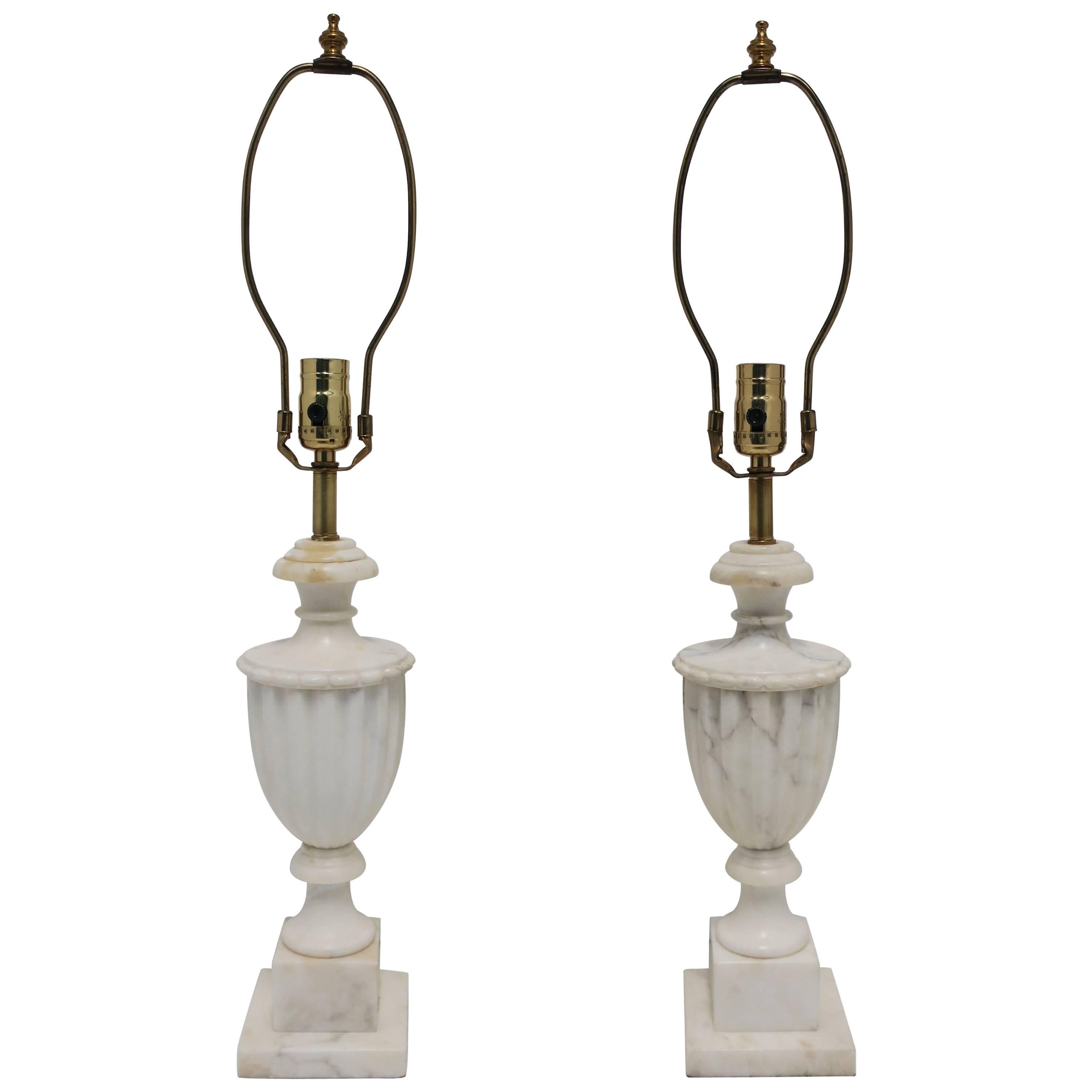 Pair of Italian Classical Roman White Marble Urn Table Lamps