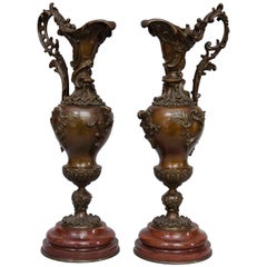 Antique 19th Century Pair of Large Ornamental Bronze Ewers on Marble Bases