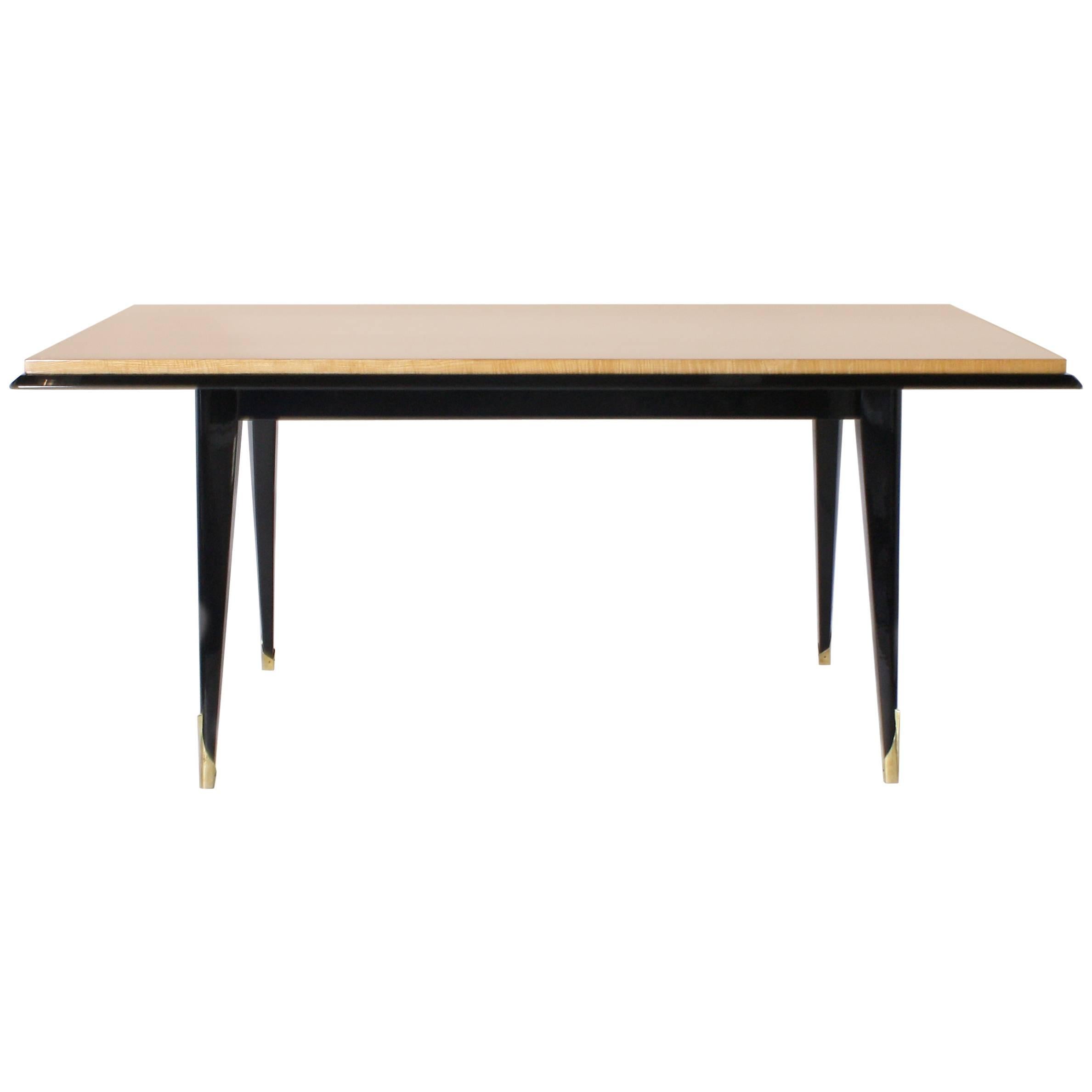 Italian Table with Sycamore Top and Black Lacquer Base in the Style of Carlo Di