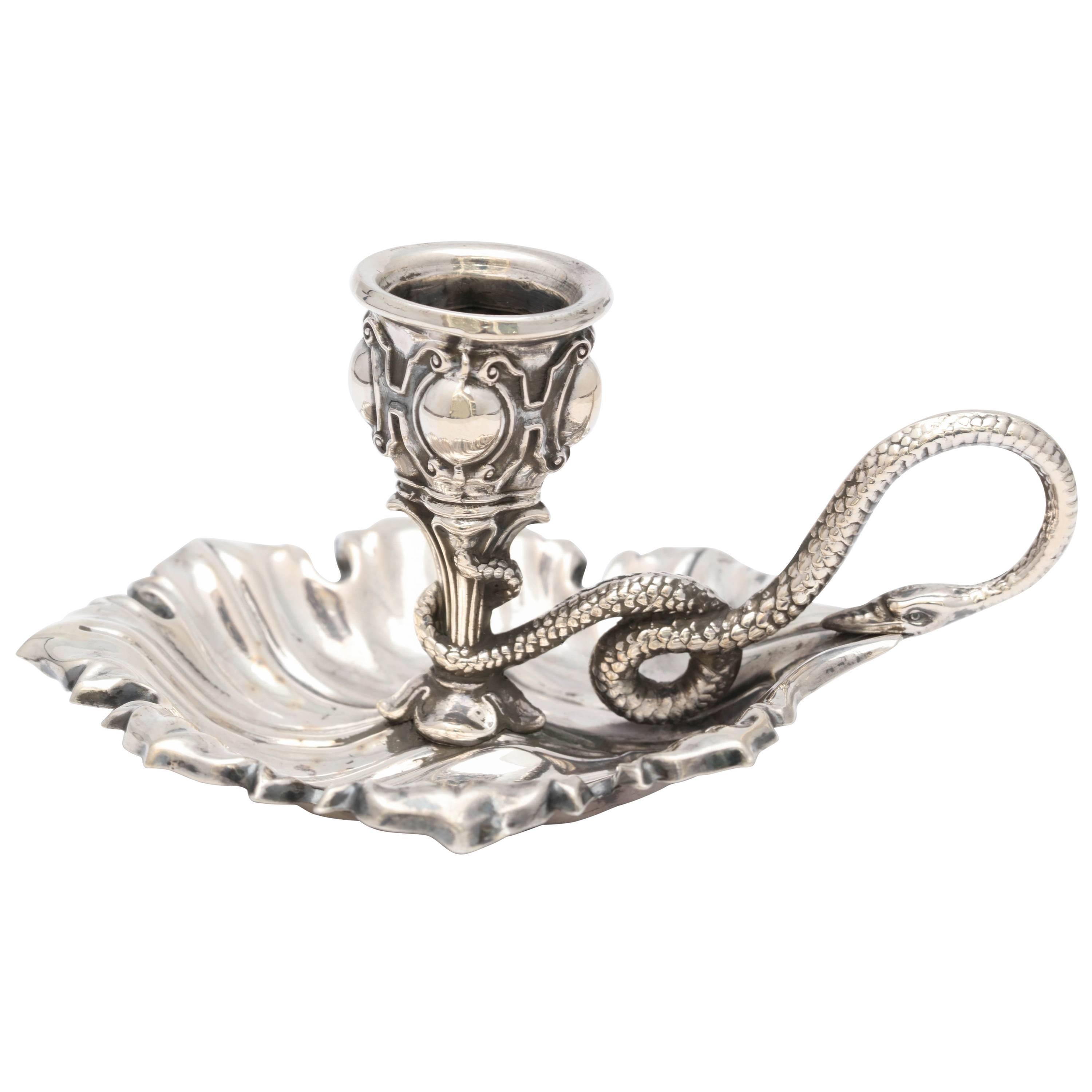 Victorian Continental Silver ‘.800’ Leaf Form Chamberstick with Snake Handle