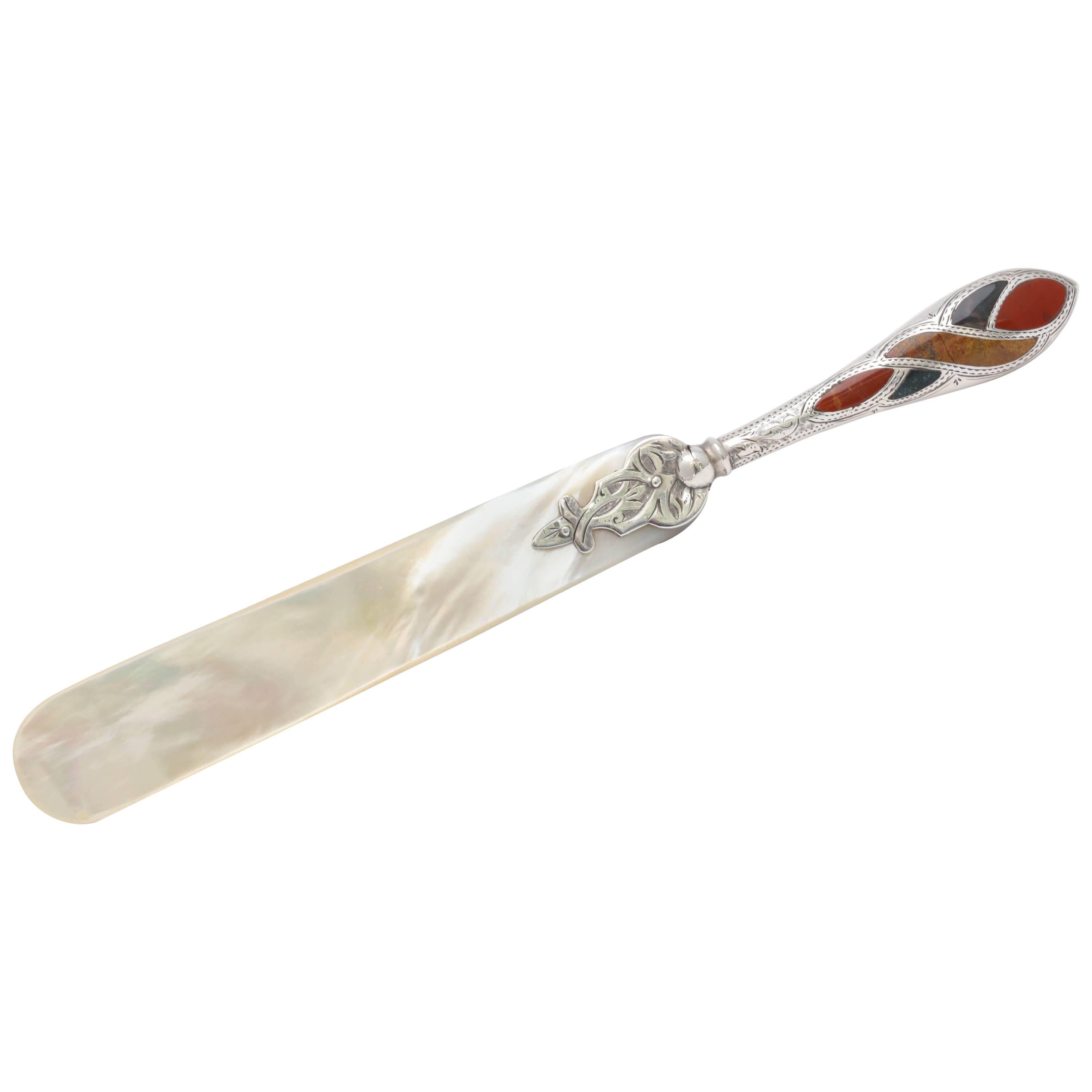 Victorian Sterling Silver, Scottish Agate-Mounted Mother-of-Pearl Letter Opener
