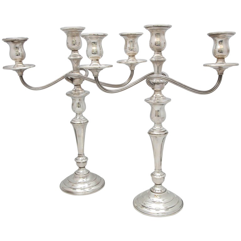 Pair of Tall Empire Style Sterling Silver Candelabra For Sale at 1stdibs