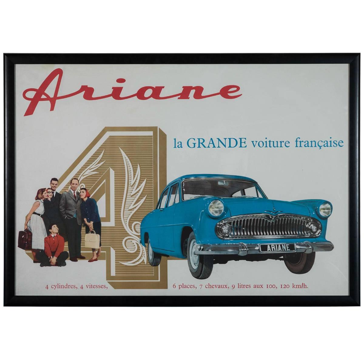 Framed Large Rare Vintage French Ariane Automobile Poster, 1960s For Sale
