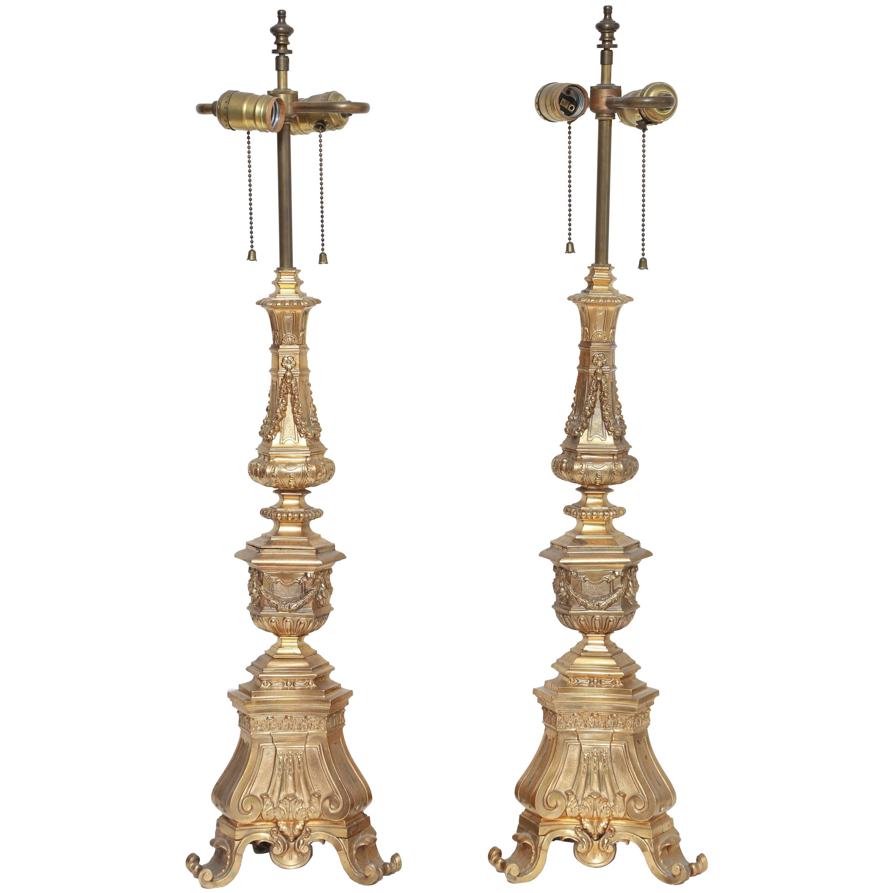 Pair of Monumental Gilt Bronze Tripodal Lamps, First Half of the 20th Century