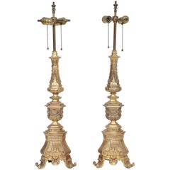 Pair of Monumental Gilt Bronze Tripodal Lamps, First Half of the 20th Century