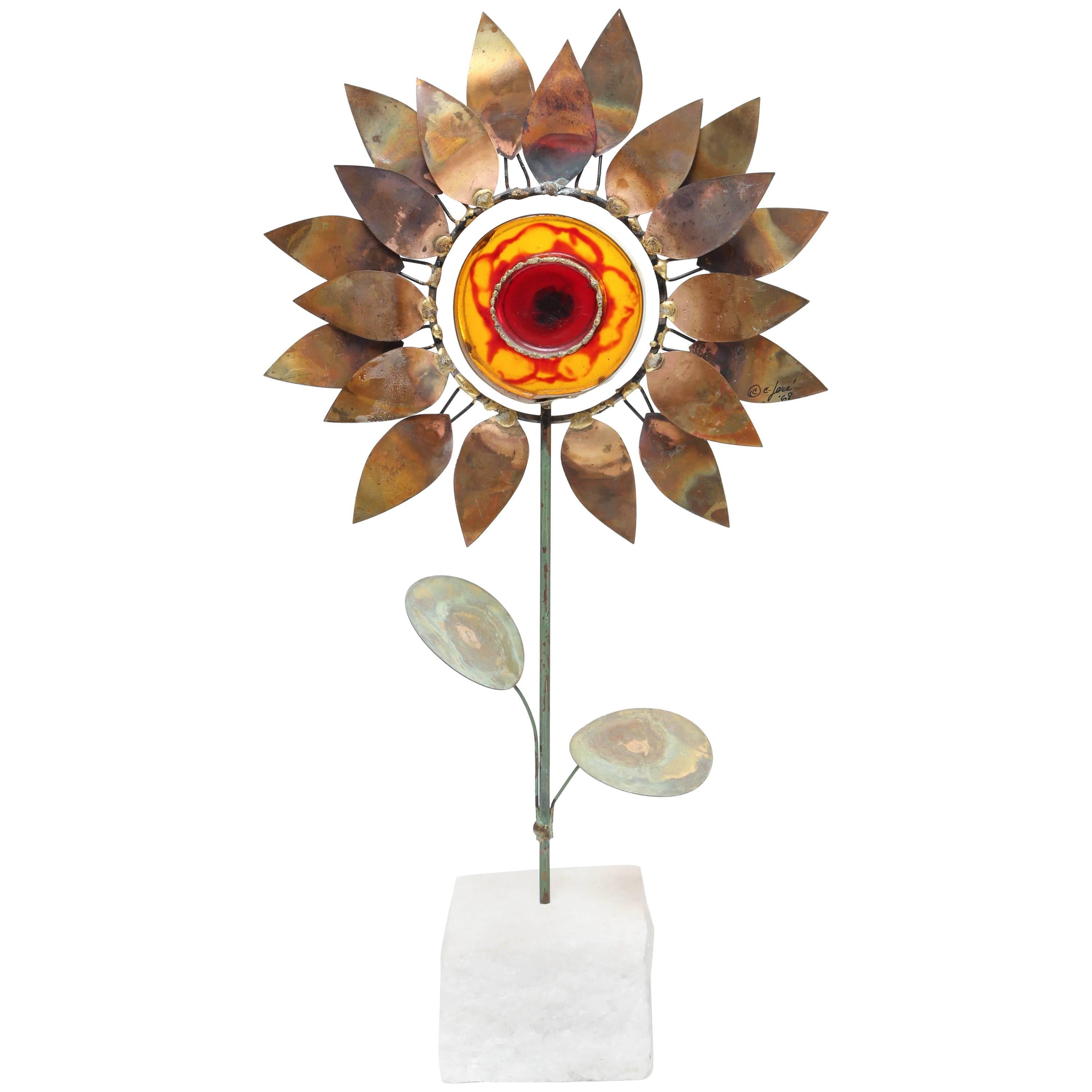 Rare Signed Curtis Jere Copper and Resin Sunflower Sculpture, 1968