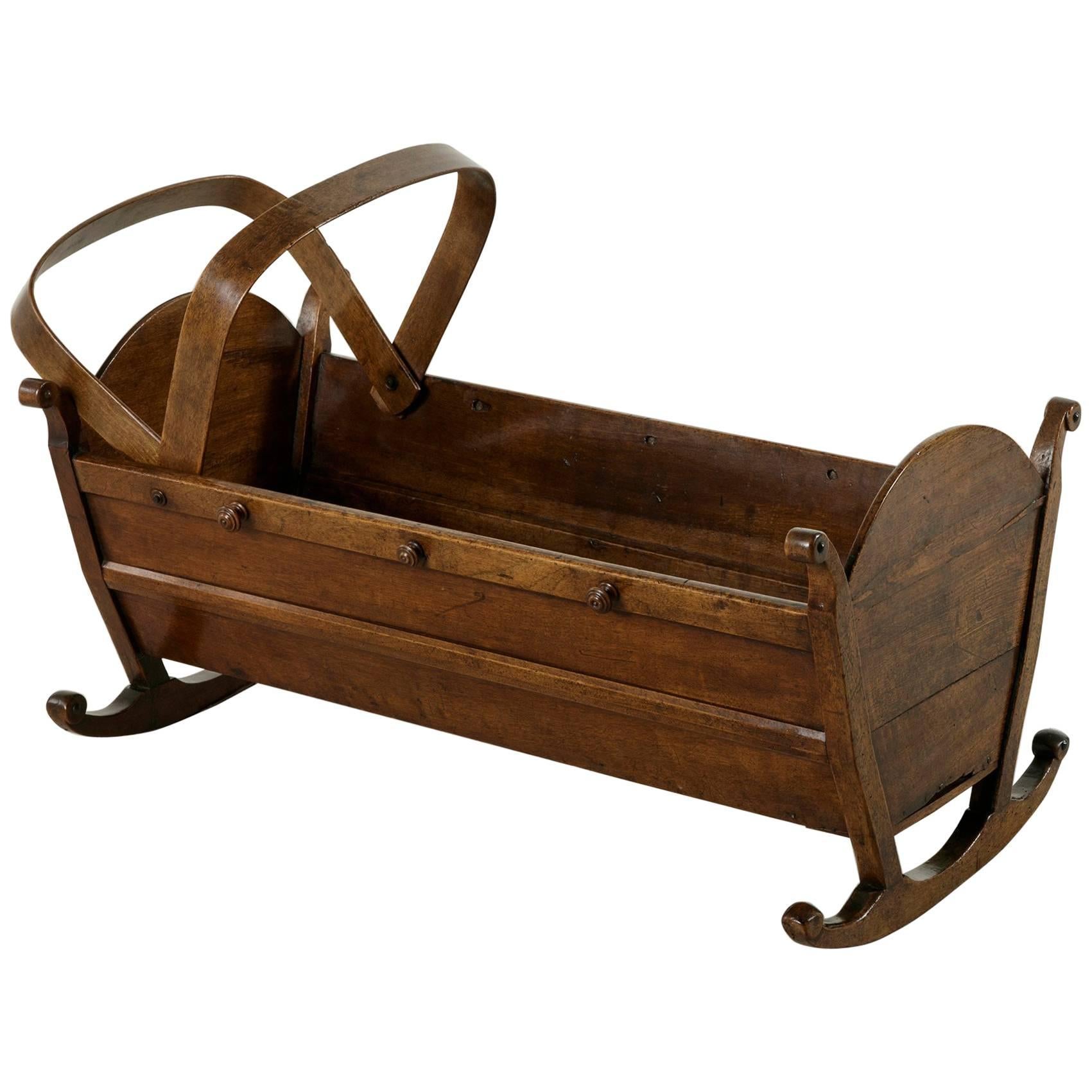 Mid-19th Century French Hand-Carved Artisan-Made Walnut Cradle