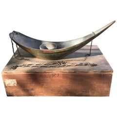 Japanese Antique Big Bronze Boat Form Hanging Candle Holder or Vase original box