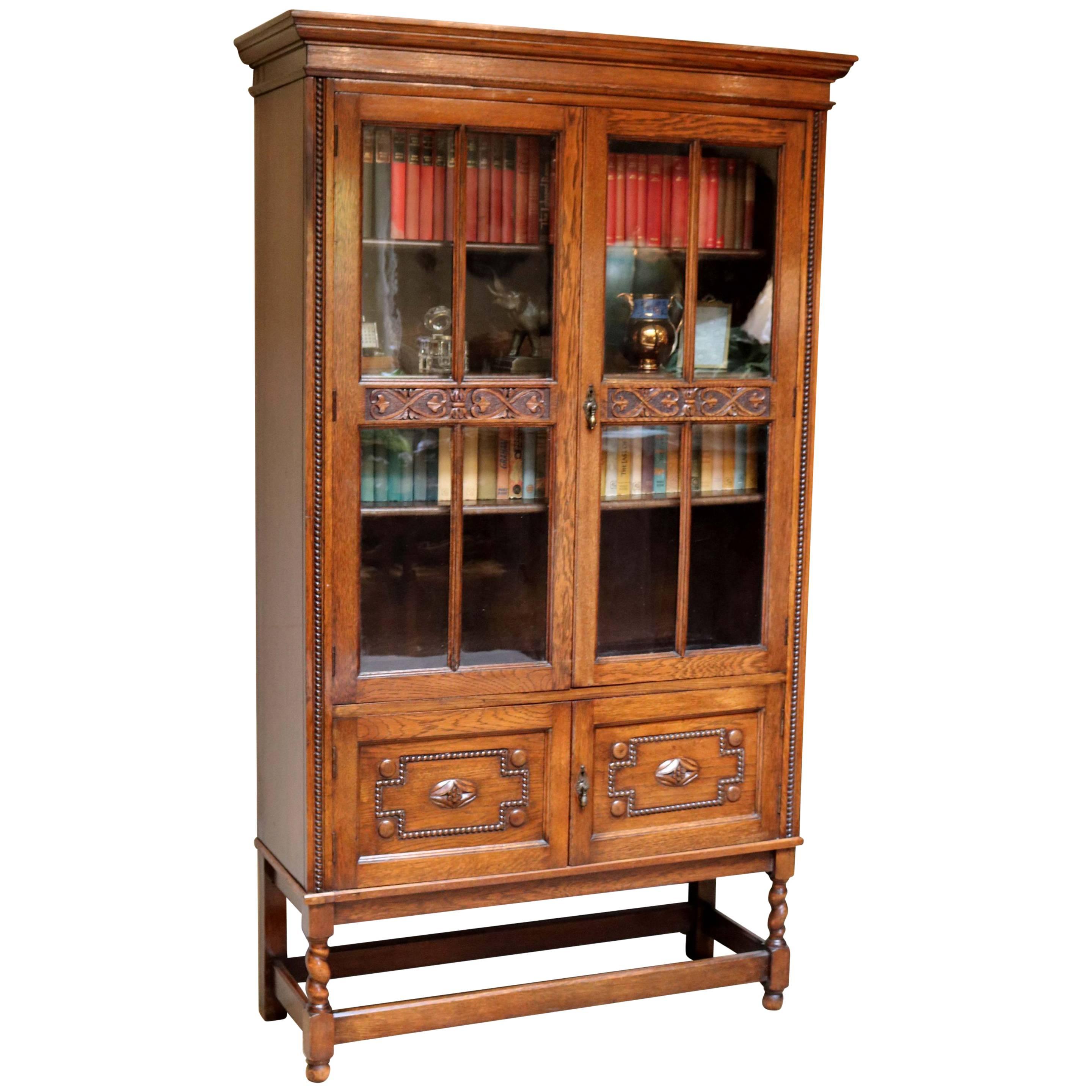 Oak Glazed Cabinet or Bookcase For Sale