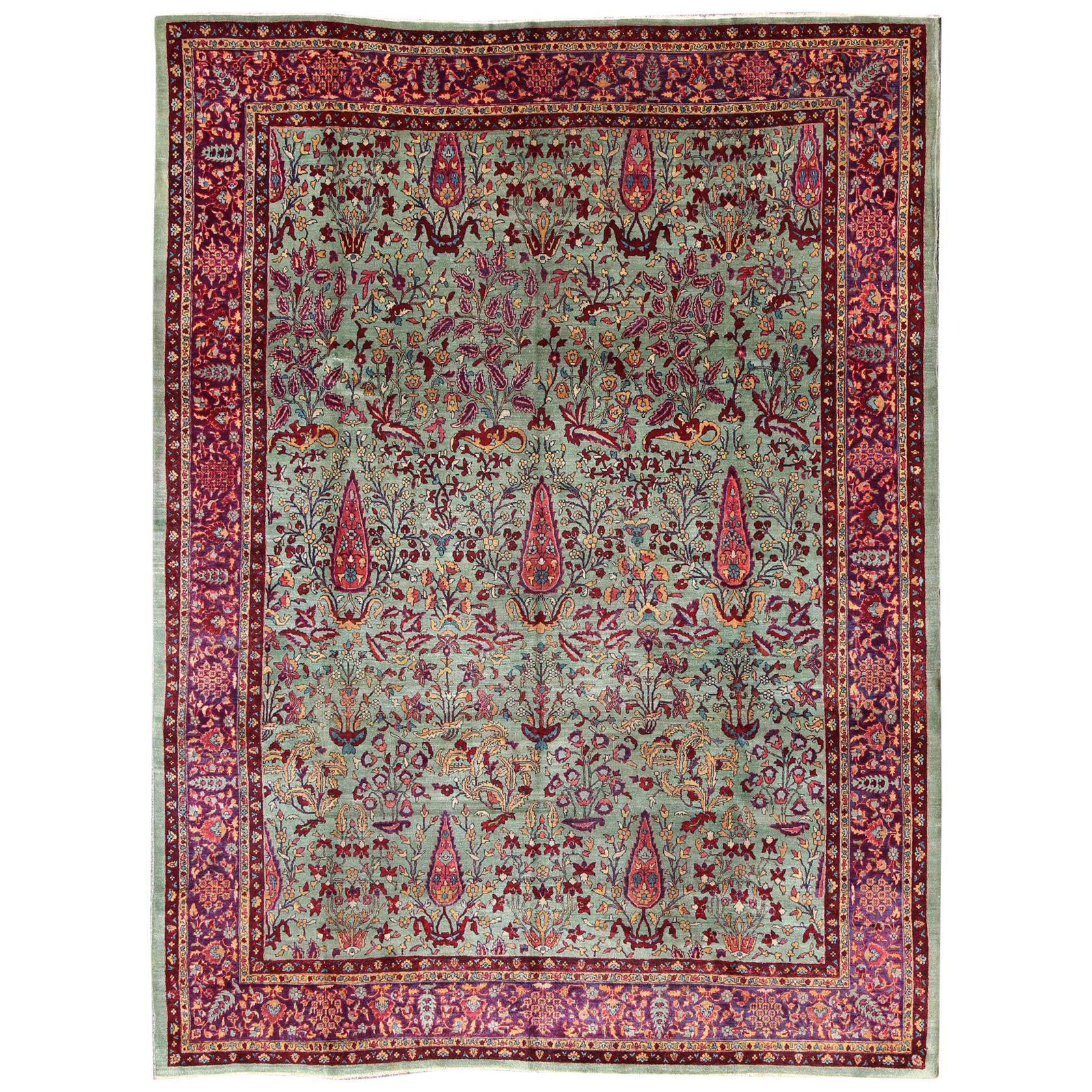 Antique Agra Rug with Branching Floral Design in Mint Green, Purple and Burgundy For Sale