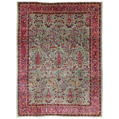 Antique Agra Rug with Branching Floral Design in Mint Green, Purple and Burgundy